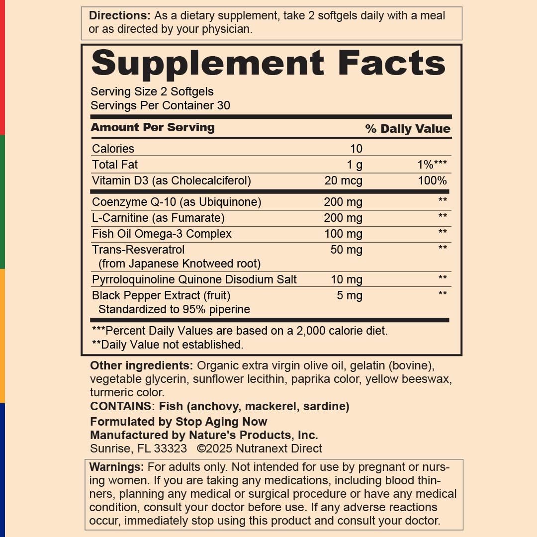 Stop Aging Now CoQ10 200mg softgels Max-Q10 with PQQ graphic