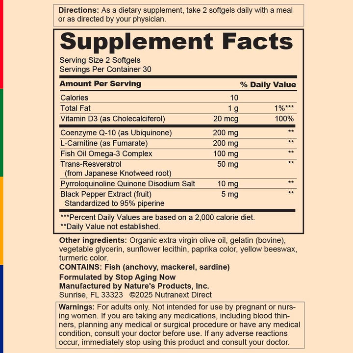 Stop Aging Now CoQ10 200mg softgels Max-Q10 with PQQ graphic