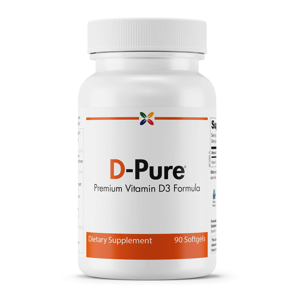 Stop Aging Now D-Pure bottle front showing D3 5000 IU and safflower oil for daily immune support
