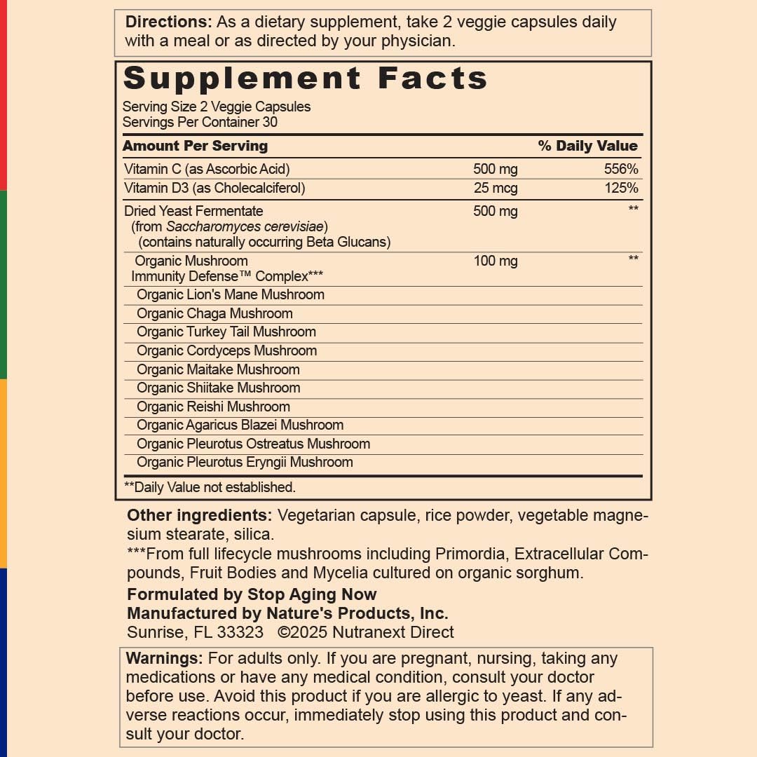 Stop Aging Now Immune Support mushroom blend ingredients—lion's mane and reishi for immune support
