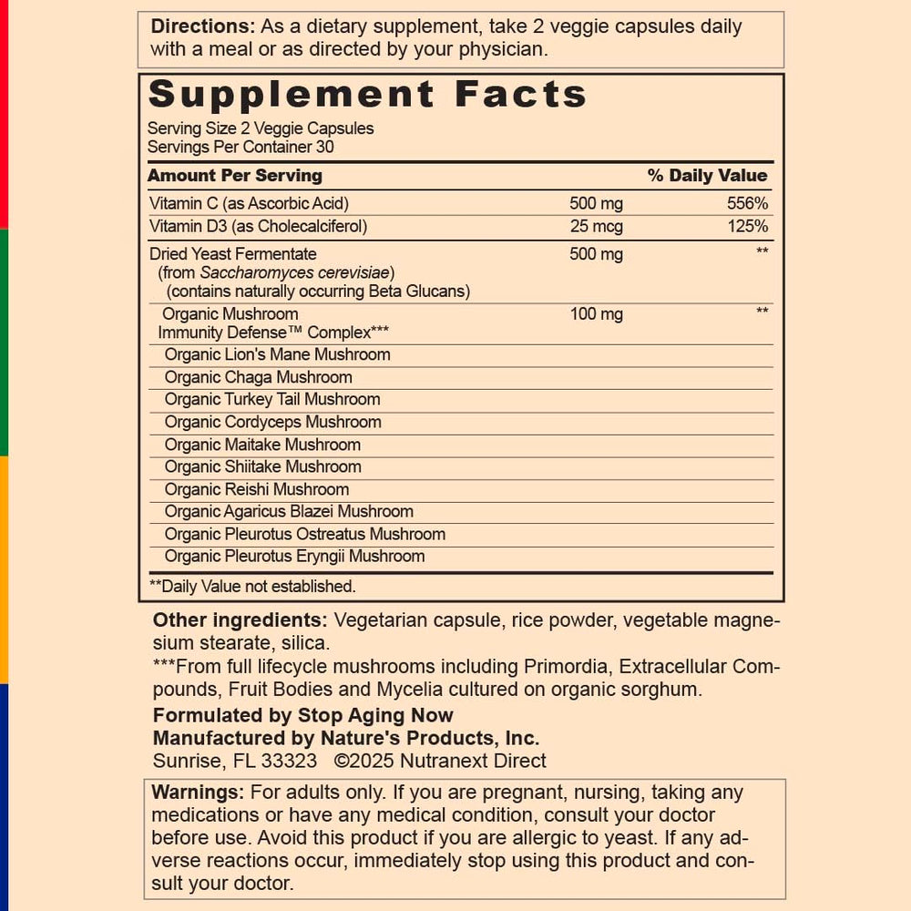 Stop Aging Now Immune Support mushroom blend ingredients—lion's mane and reishi for immune support