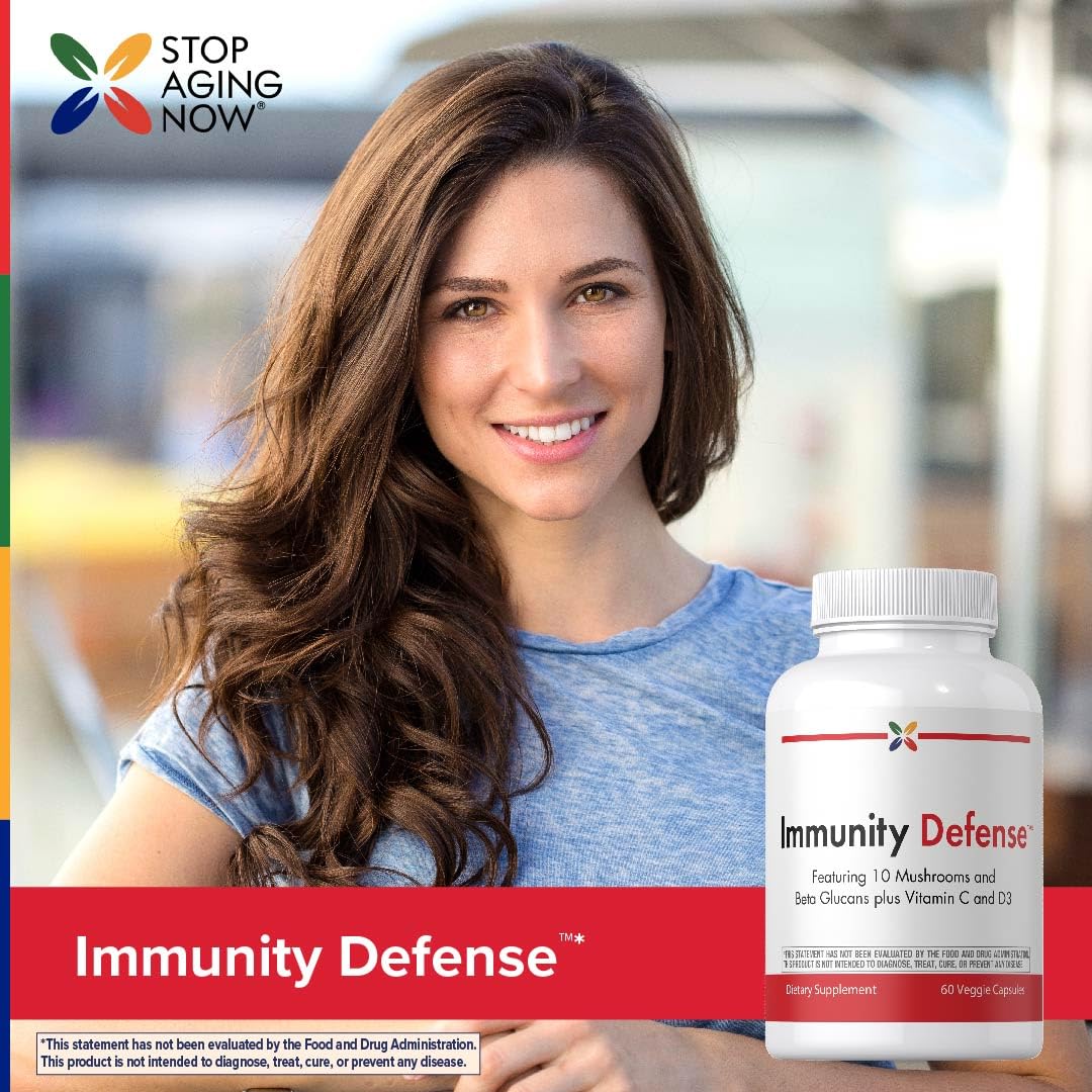 Stop Aging Now Immune Support table setup—bottle with glass for daily routine