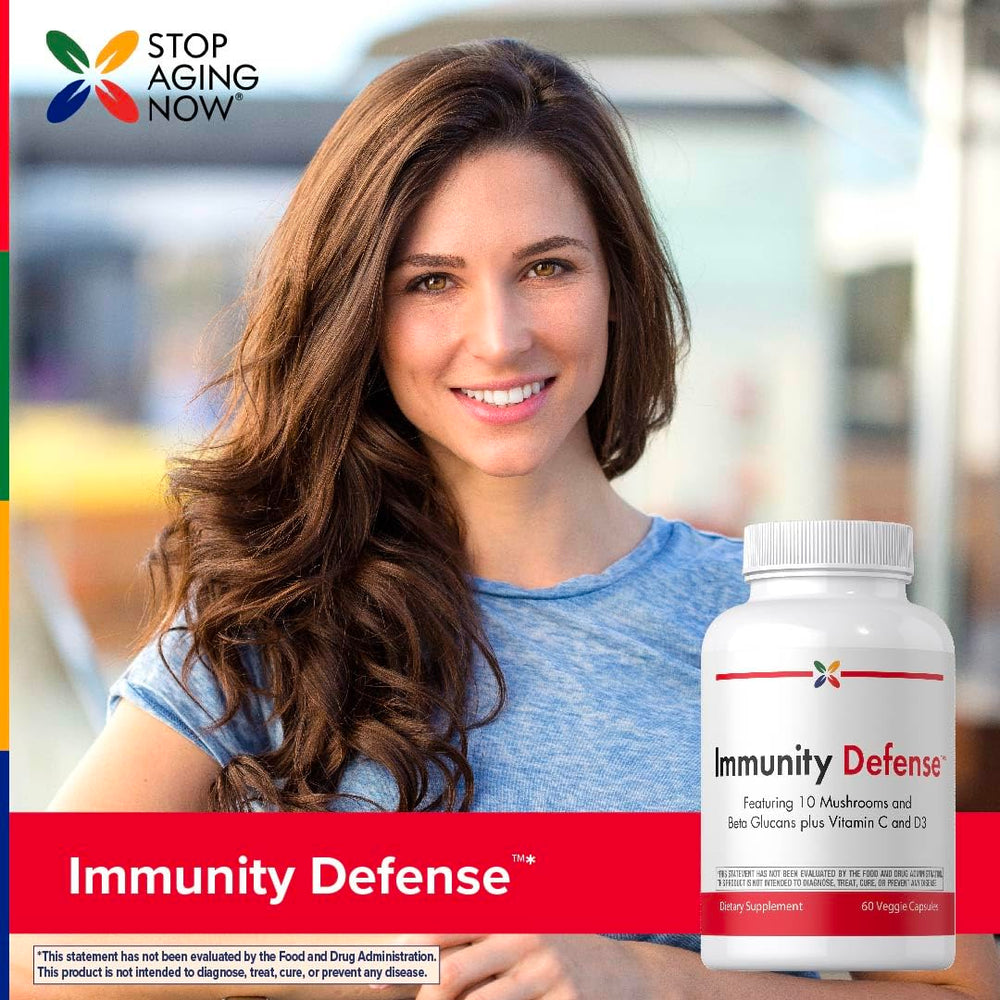 Stop Aging Now Immune Support table setup—bottle with glass for daily routine