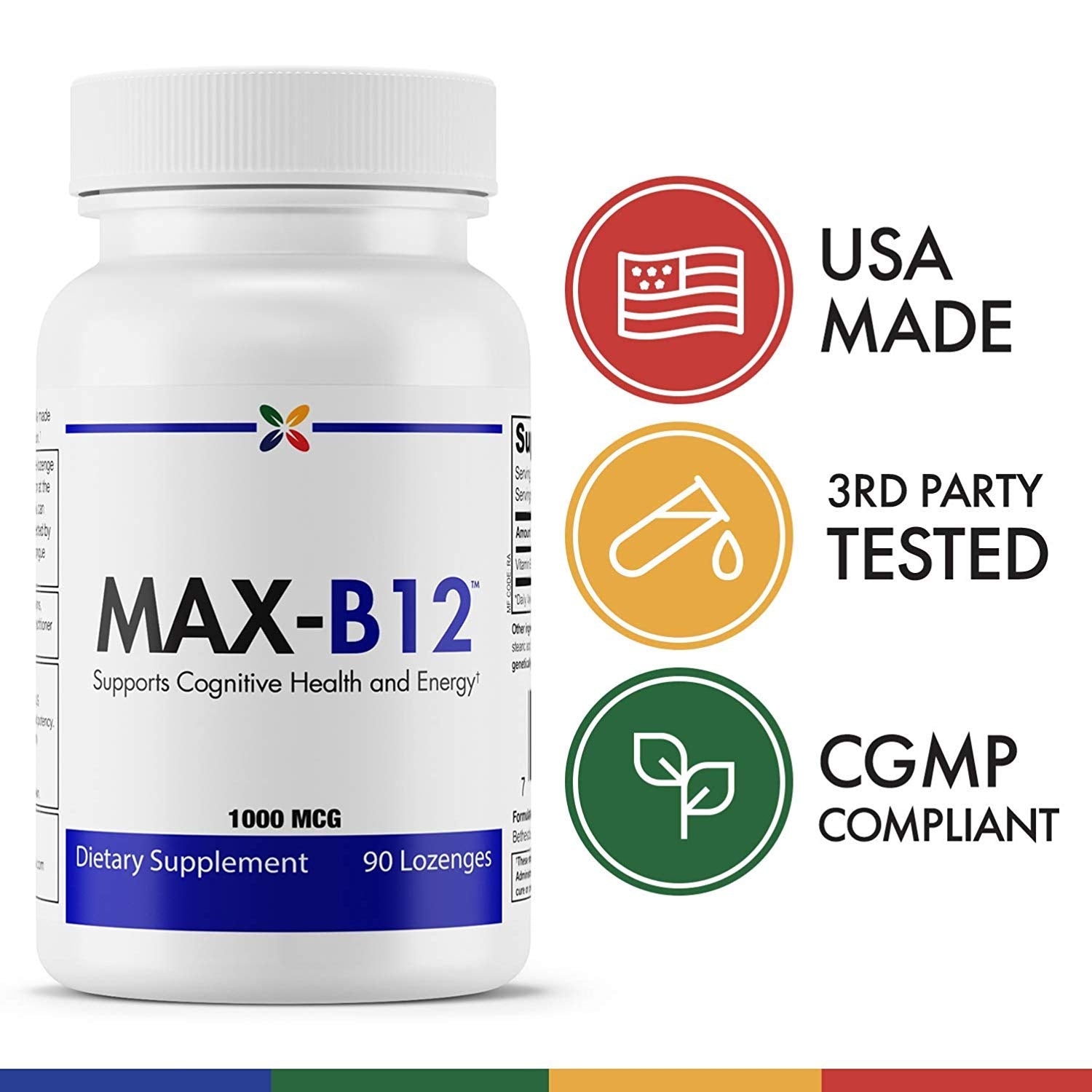 Stop Aging Now MAX-B12 lozenges bottle label shows purity and potency for cognitive clarity
