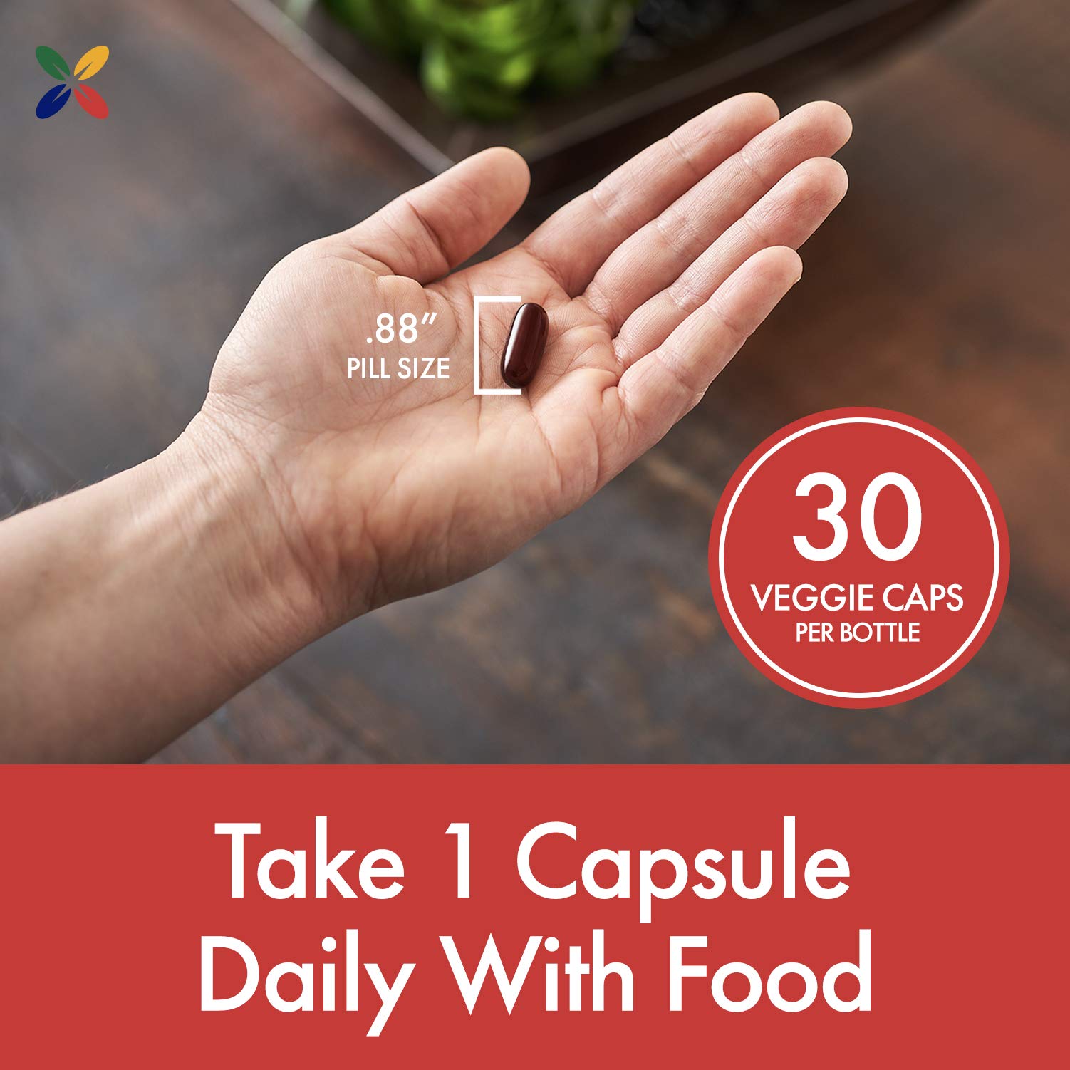 Bottle image suggests antioxidant support and potential heart health benefits