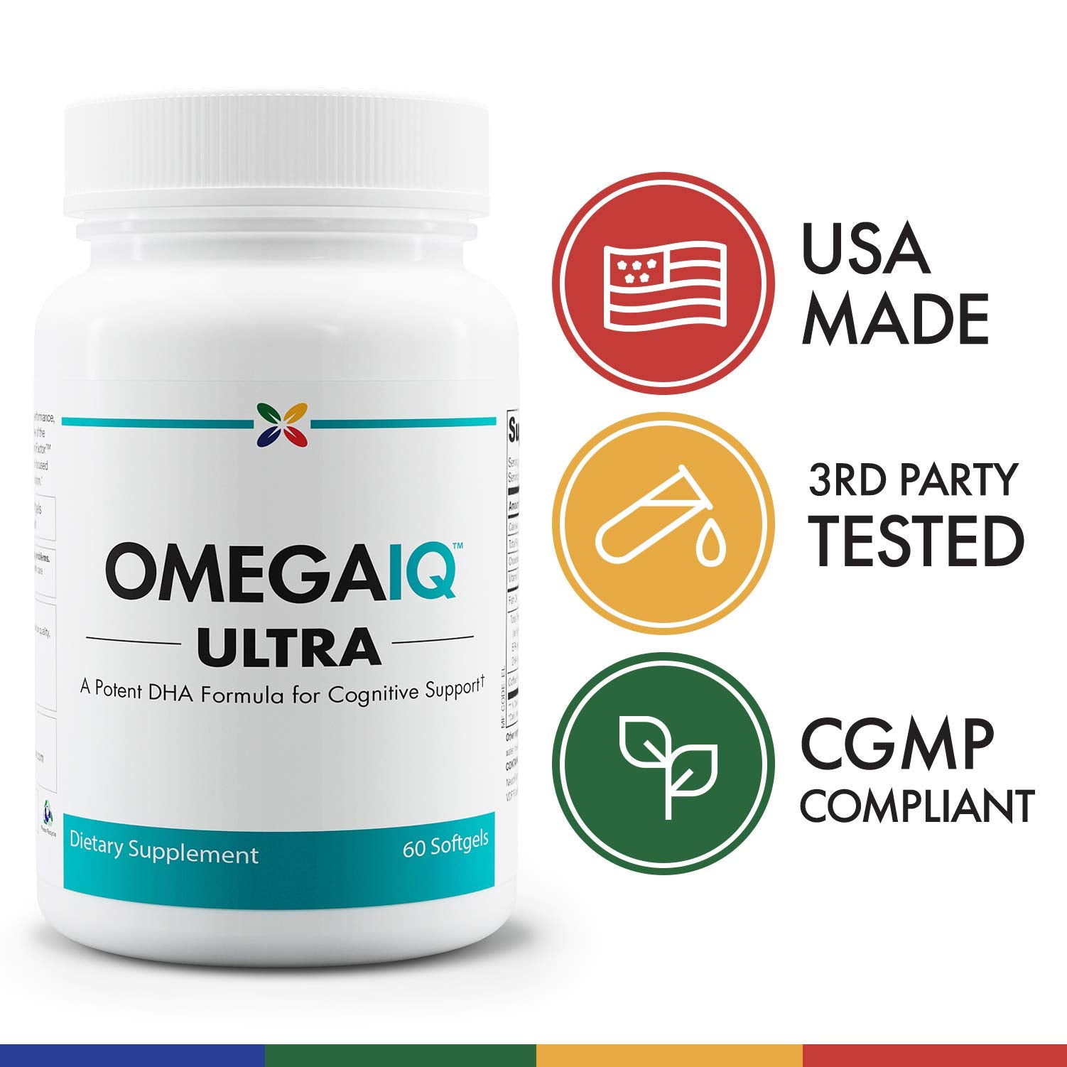 Stop Aging Now OmegaIQ Ultra DHA vitamin D3 cap highlights added vitamin support.