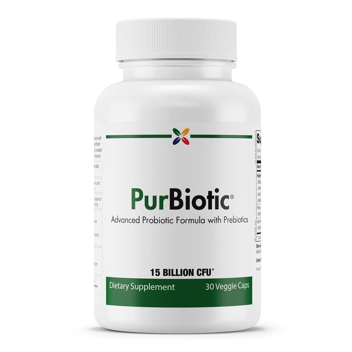 Stop Aging Now PurBiotic 15B CFU bottle front, improving gut balance and daily digestion.