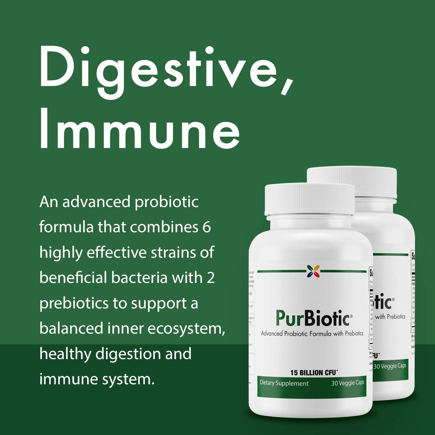 Stop Aging Now PurBiotic capsules close-up highlighting 30 veggie caps and prebiotic blend.