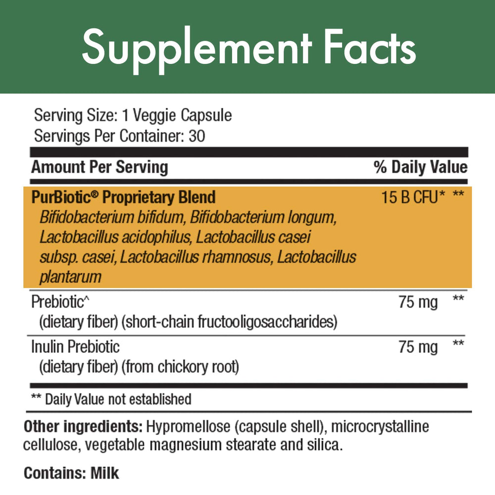 Stop Aging Now PurBiotic bottle label viewed, emphasizing CFU strength and probiotic variety.
