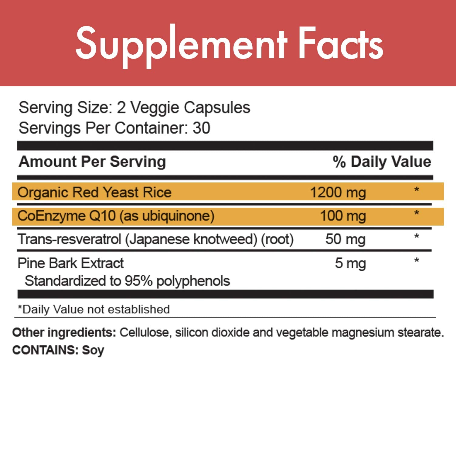 Closeup of RED-Q10 label highlighting organic red yeast rice formula.