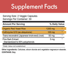 Closeup of RED-Q10 label highlighting organic red yeast rice formula.
