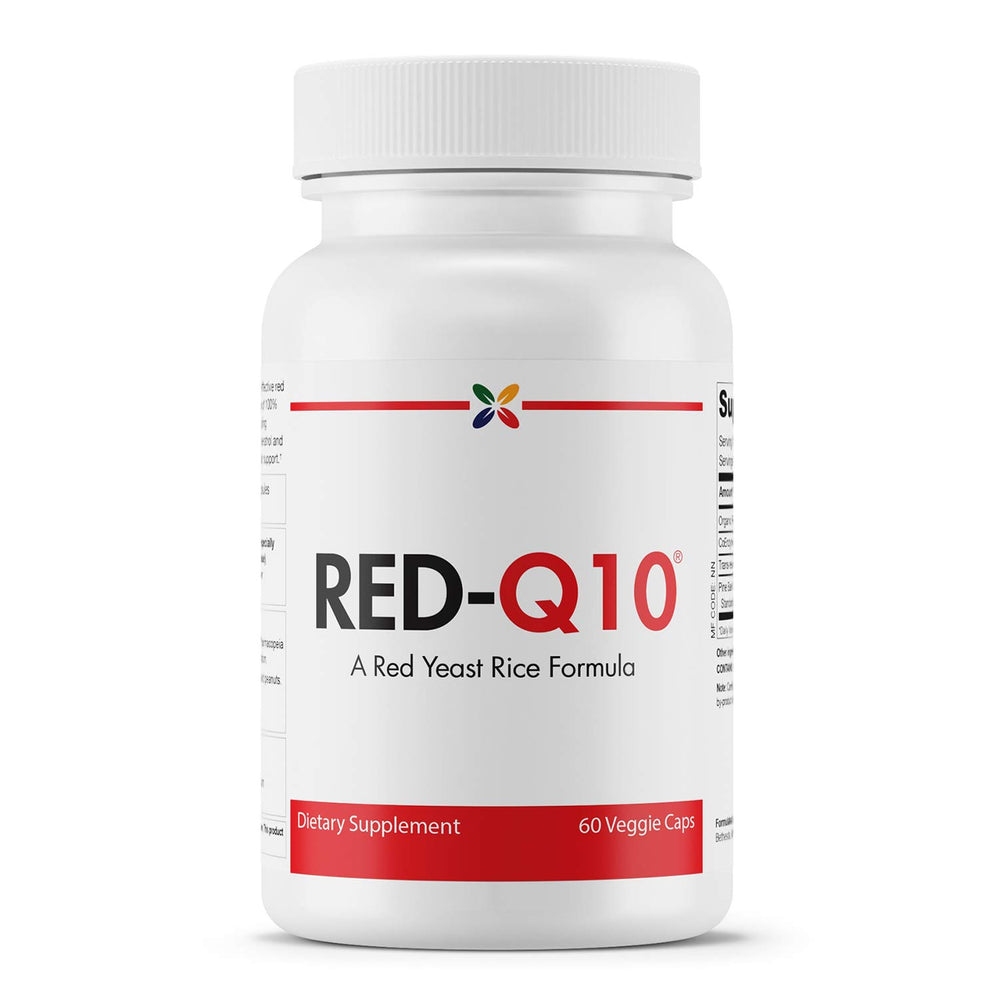 Stop Aging Now RED-Q10 bottle labeled for daily cardiovascular support.