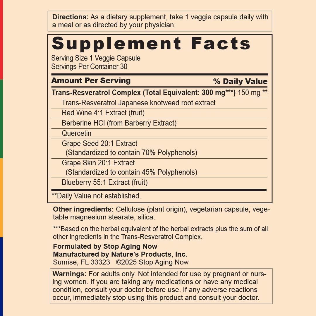 Stop Aging Now Resveratrol Complex label shows blueberry extract, hinting at natural antioxidant blend