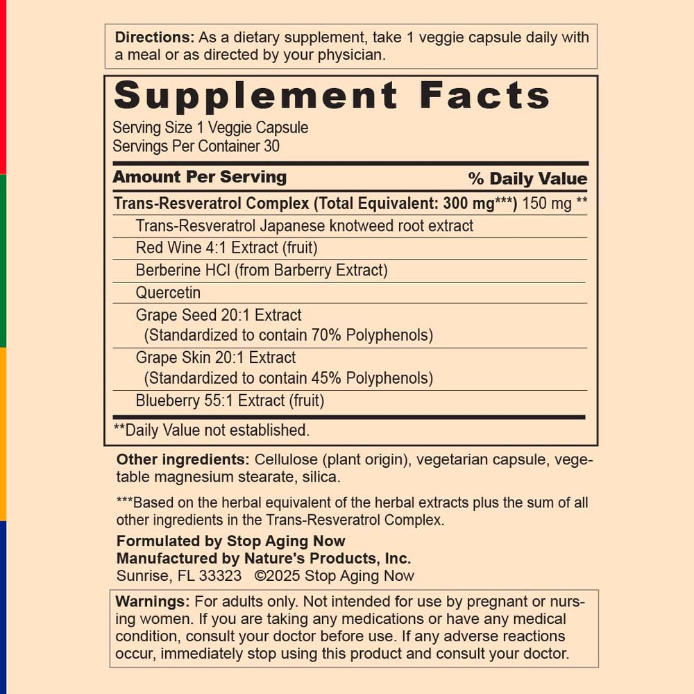 Stop Aging Now Resveratrol Complex label shows blueberry extract, hinting at natural antioxidant blend