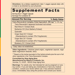 Stop Aging Now Resveratrol Complex label shows blueberry extract, hinting at natural antioxidant blend