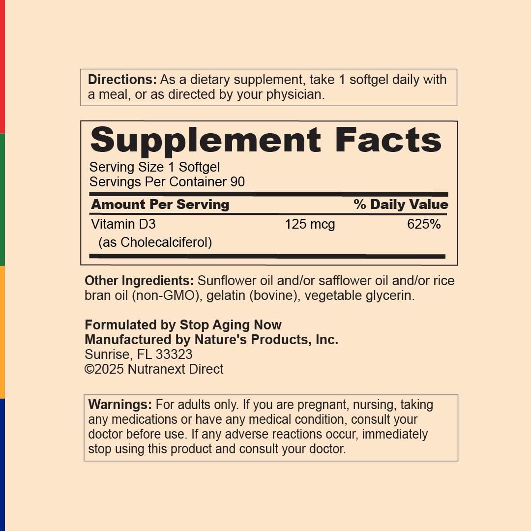 Stop Aging Now Vitamin D3 5000IU softgel jar on shelf ready for use.