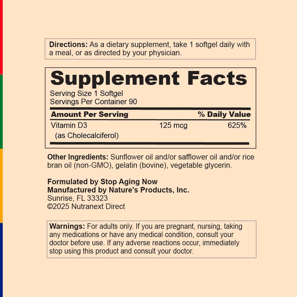 Stop Aging Now Vitamin D3 5000IU softgel jar on shelf ready for use.