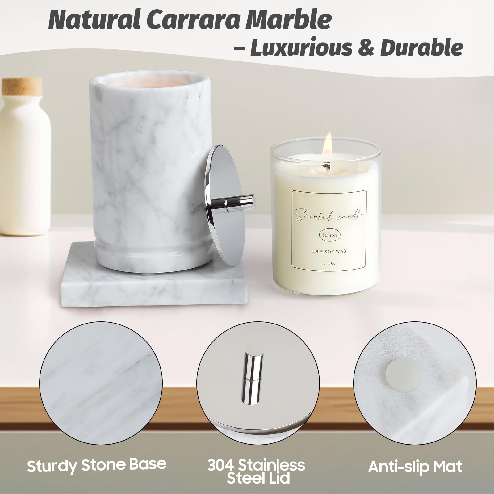 Story of Stone lemon-vanilla wax in glass inserts; refreshing aroma.