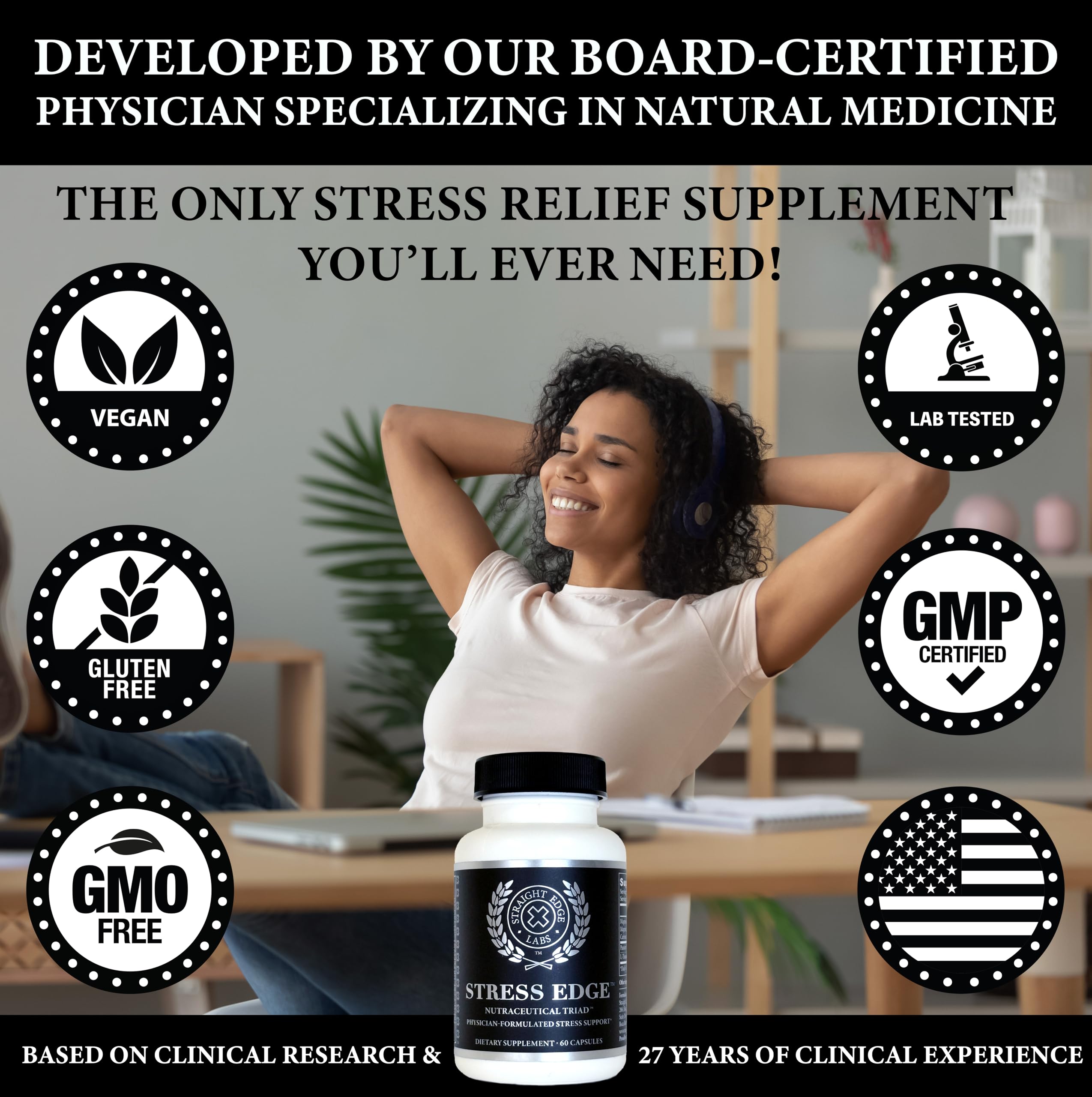 Stress Edge capsules close-up highlighting easy-to-swallow daily use