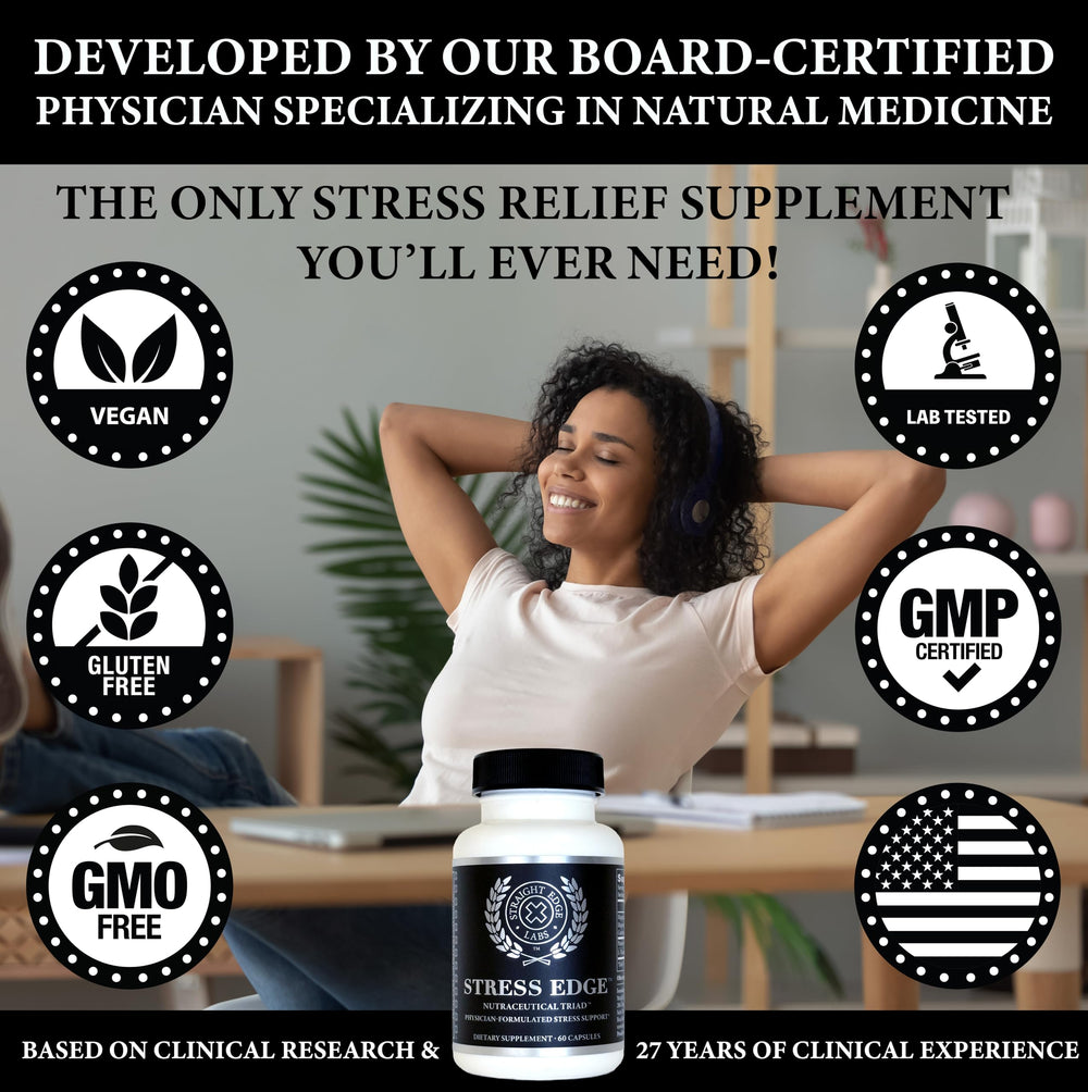 Stress Edge capsules close-up highlighting easy-to-swallow daily use