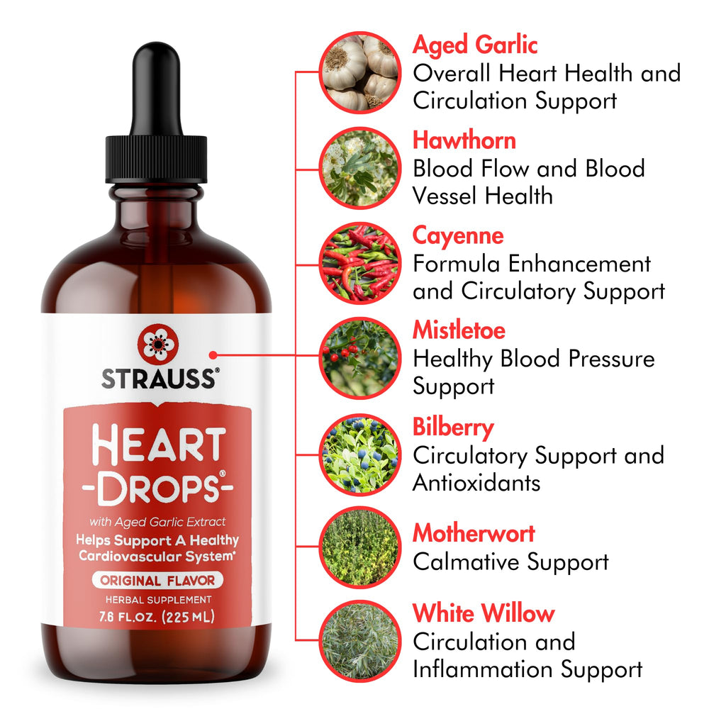 Strauss Naturals Heart Drops ingredient label featuring hawthorn and aged garlic extract