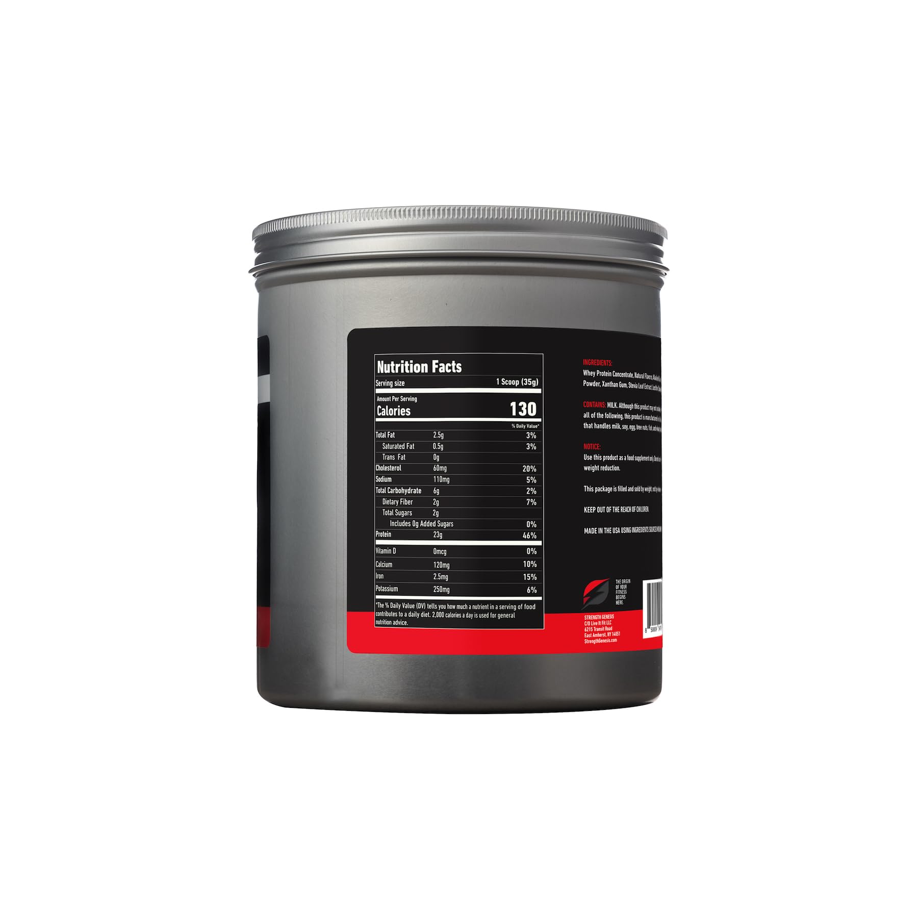 Strength Genesis grass-fed whey bottle label highlighting New Zealand origin and clean ingredients.