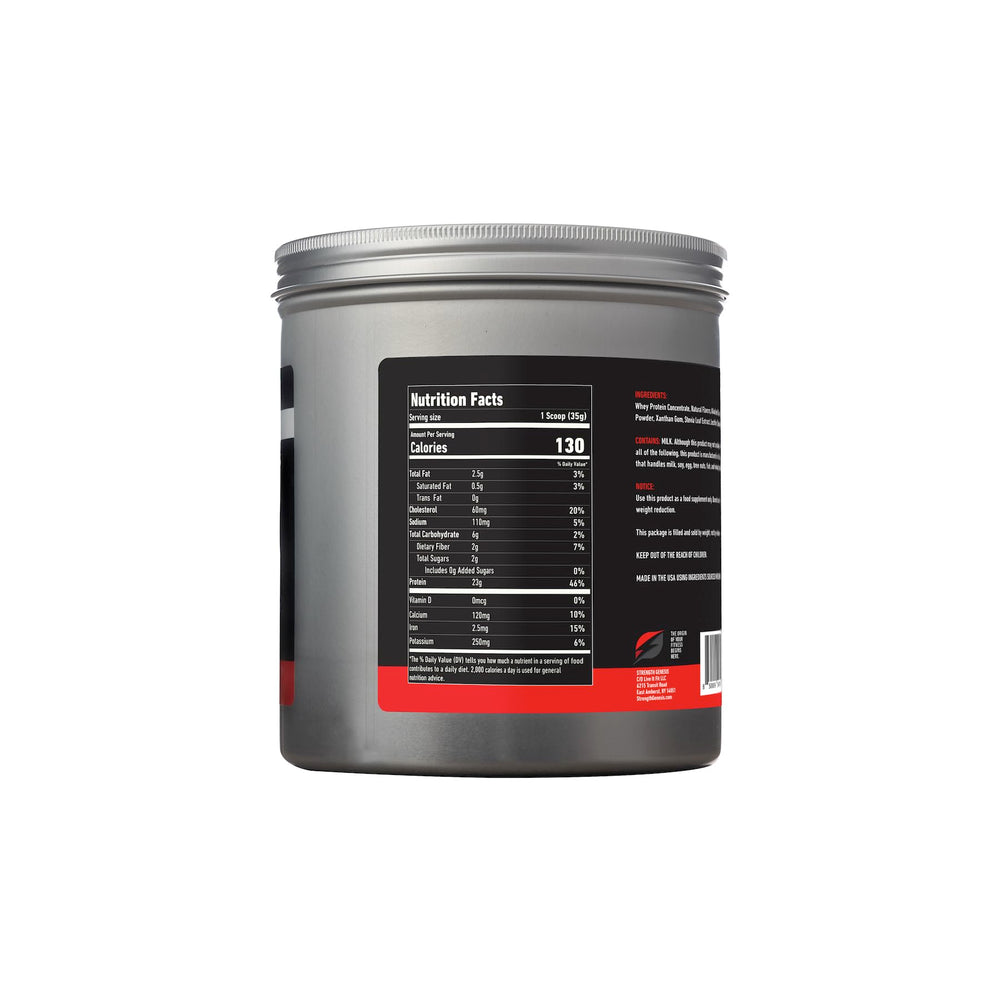 Strength Genesis grass-fed whey bottle label highlighting New Zealand origin and clean ingredients.