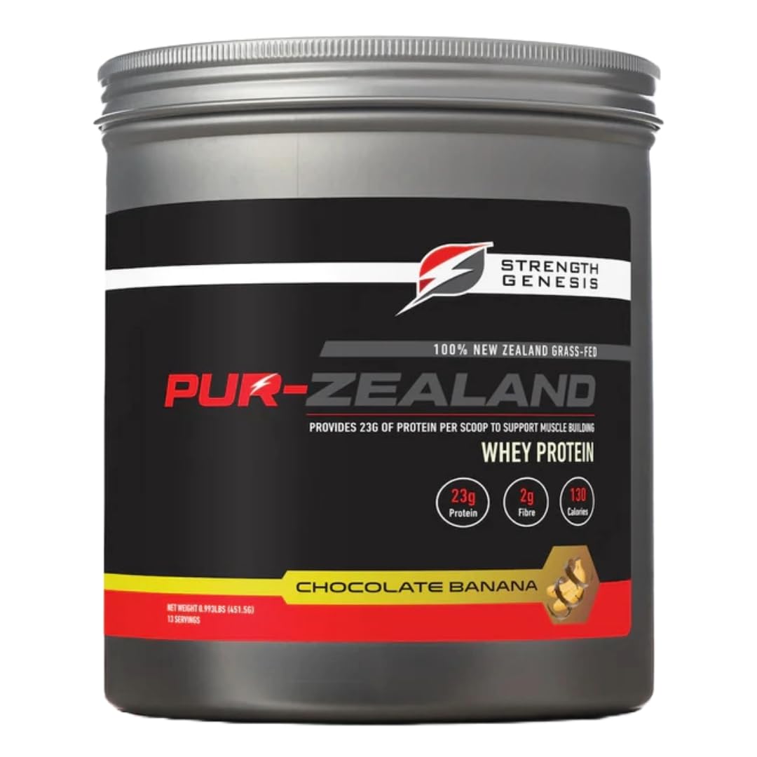 Strength Genesis grass-fed whey protein powder in chocolate-banana flavor, ideal for post-workout shakes.