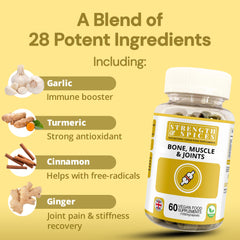 Strength & Spices 28-ingredient blend label emphasizing turmeric and natural nutrients