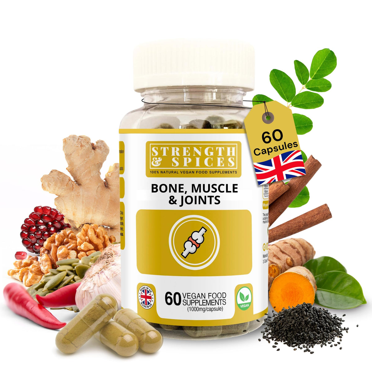 Strength & Spices bottle front view showing vegan joint support capsules for daily mobility