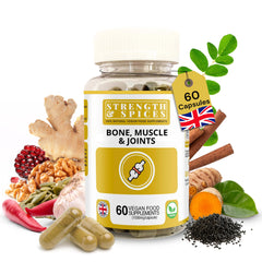 Strength & Spices bottle front view showing vegan joint support capsules for daily mobility