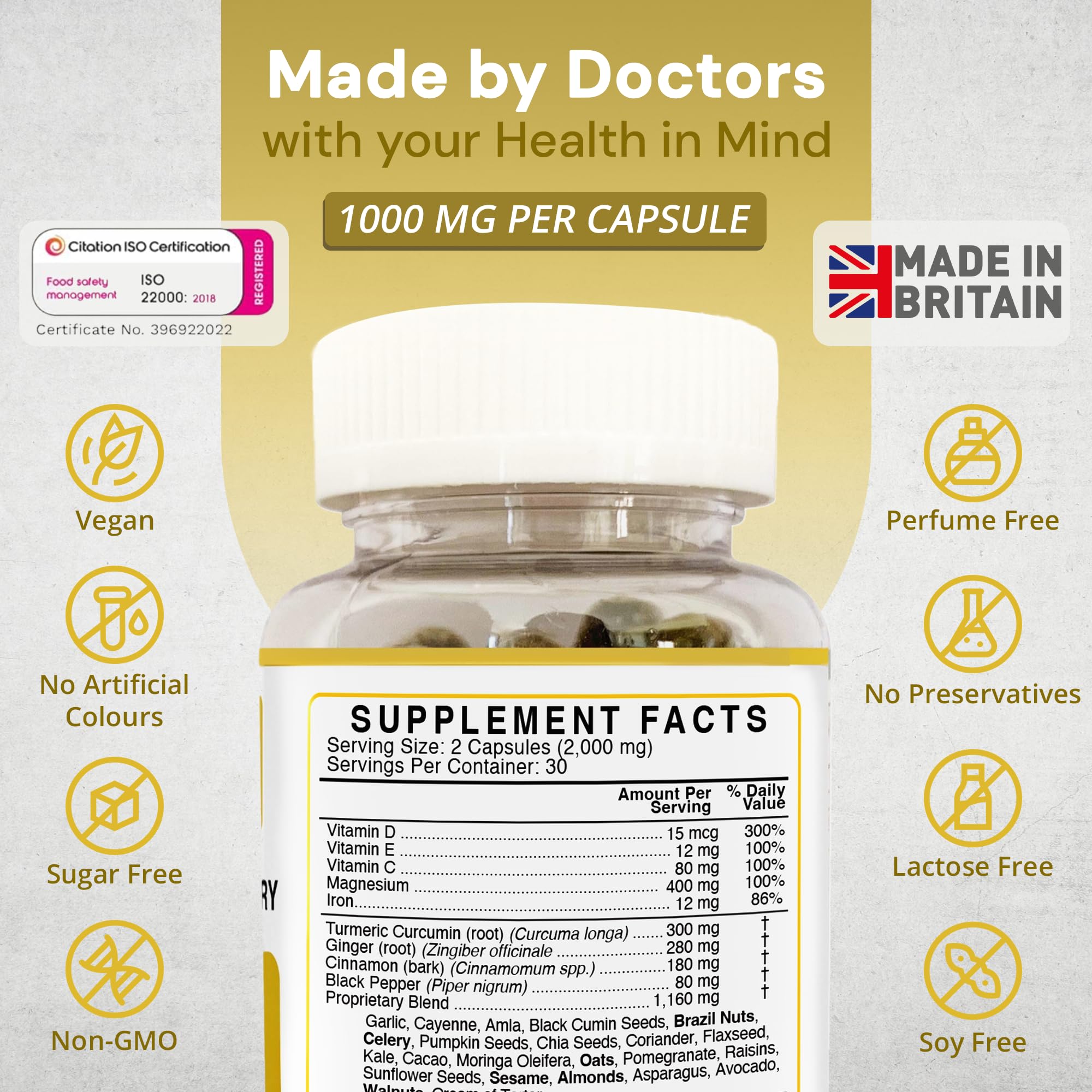 Strength & Spices turmeric capsules closeup illustrating easy swallowing and vegan formula