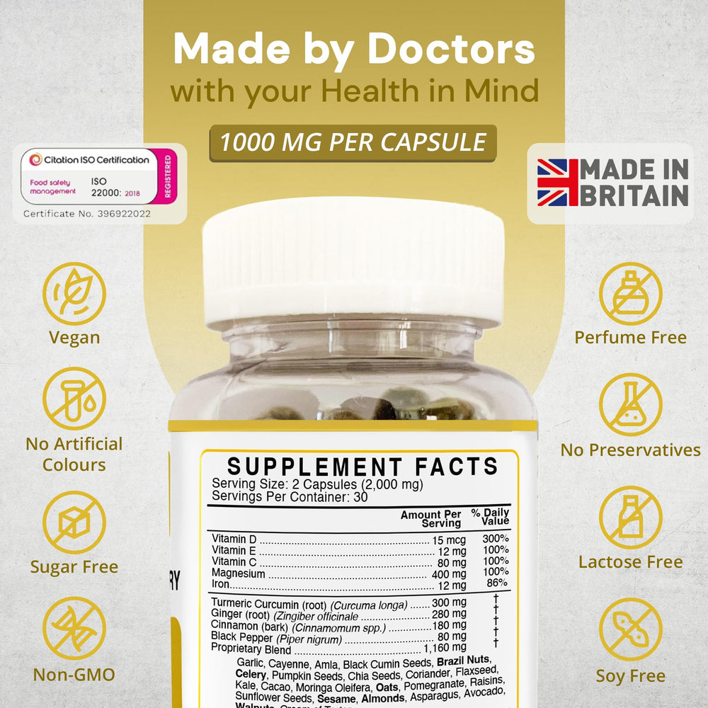 Strength & Spices turmeric capsules closeup illustrating easy swallowing and vegan formula
