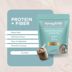 StrengthMD whey protein label shows 24g protein and 4g fiber