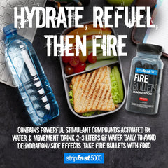 stripfast5000 Fire Bullets Black Edition bottle with glass of water
