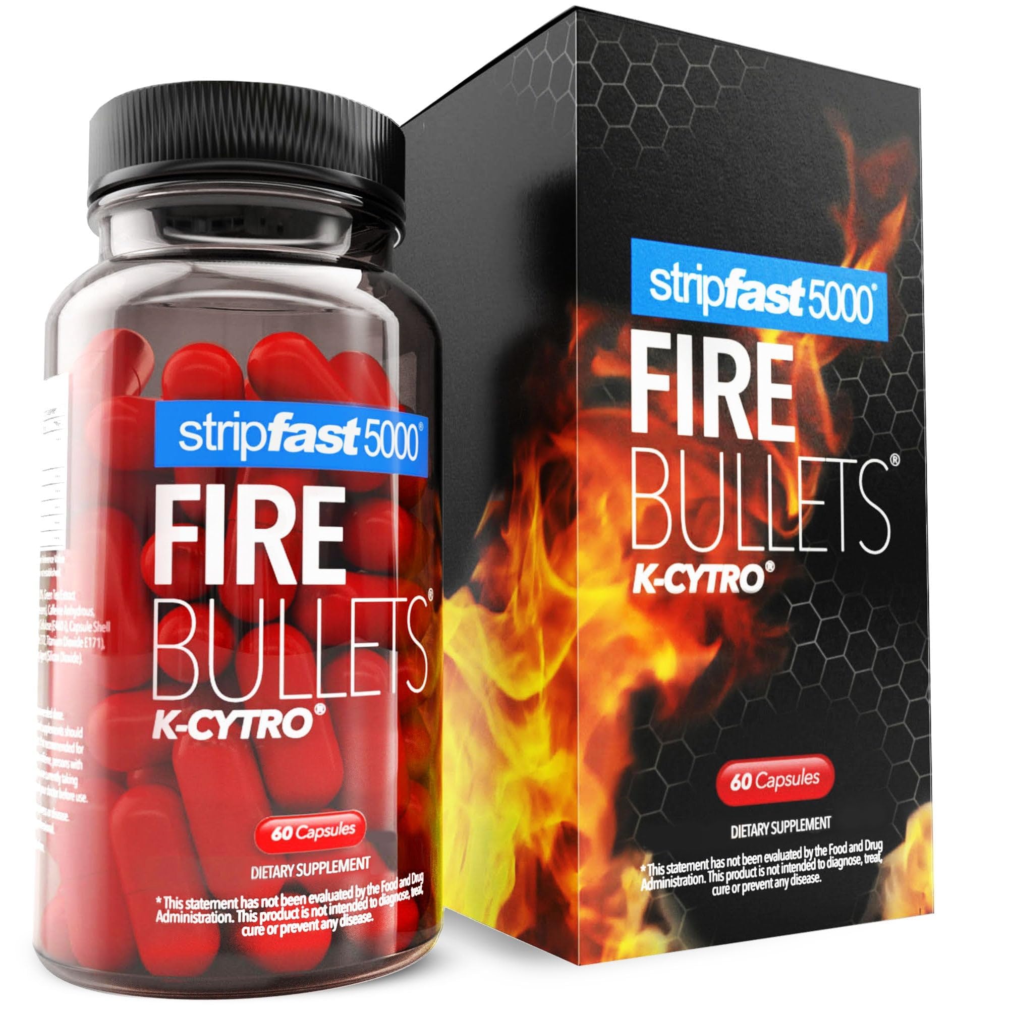 Stripfast5000 Fire Bullets bottle highlights fast-acting energy for workouts.