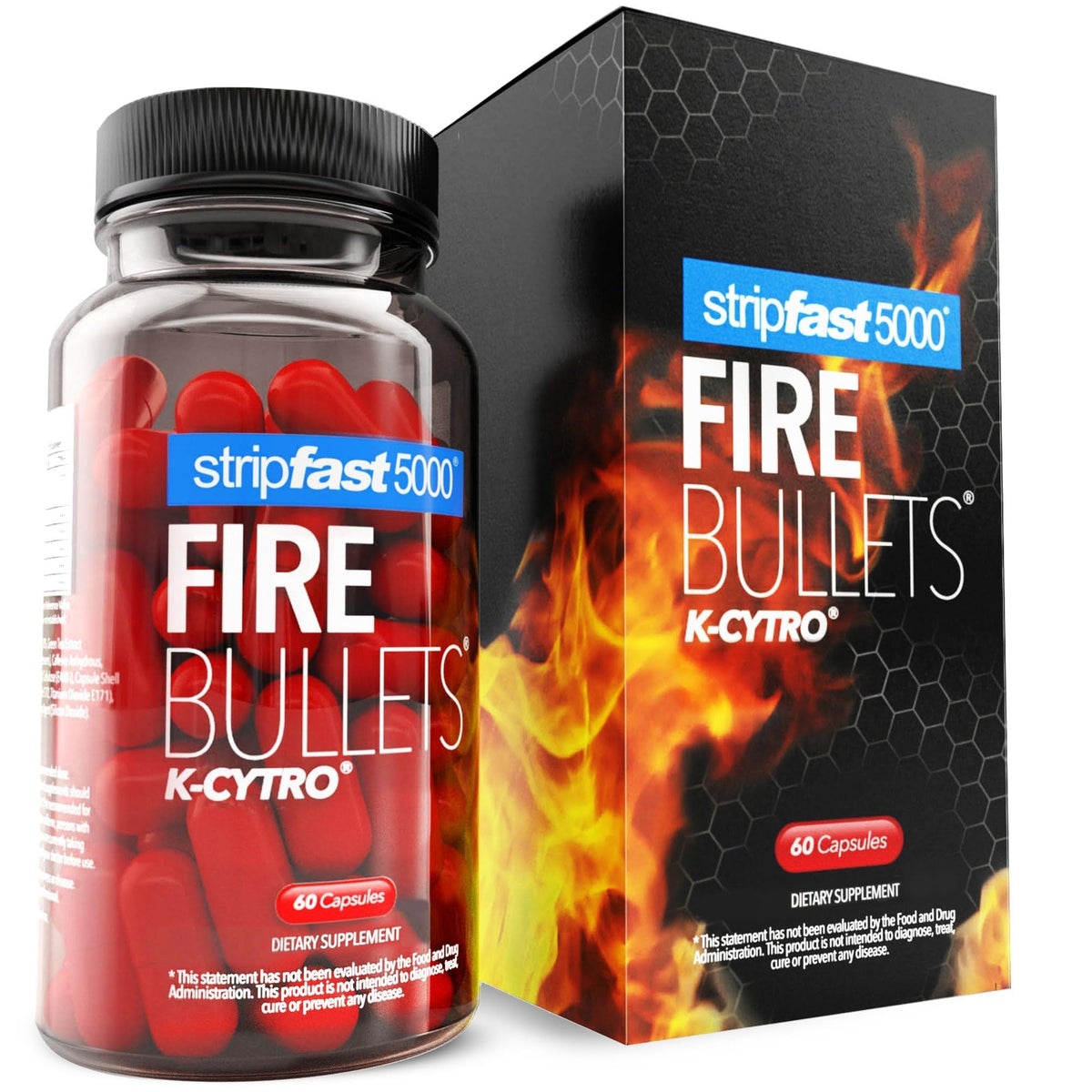 Stripfast5000 Fire Bullets bottle highlights fast-acting energy for workouts.