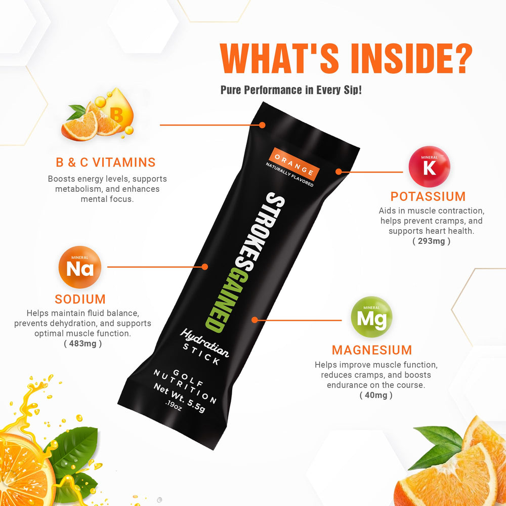 Strokes Gained Hydration orange stick pack closeup showing a sugar-free electrolyte option for golfers.
