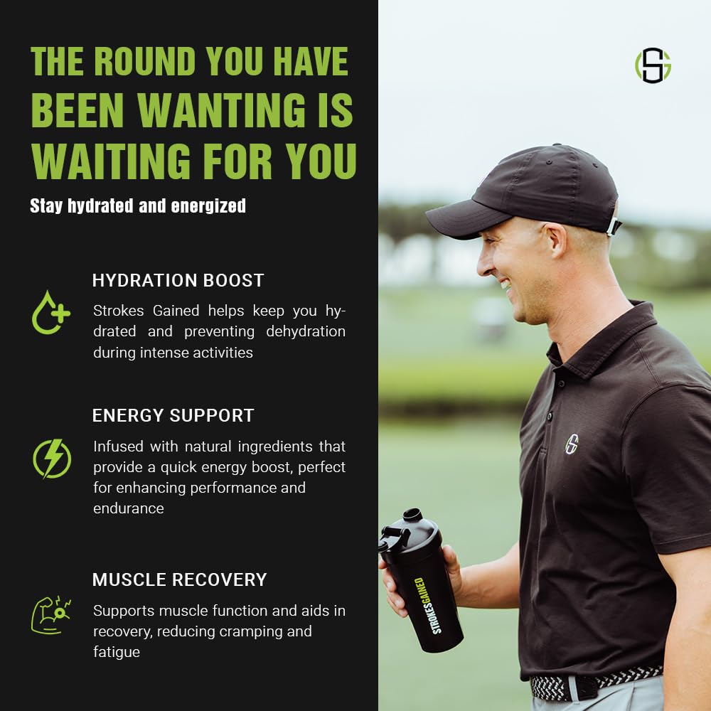Strokes Gained Hydration orange stick pack label highlights electrolytes and vitamins for performance support.