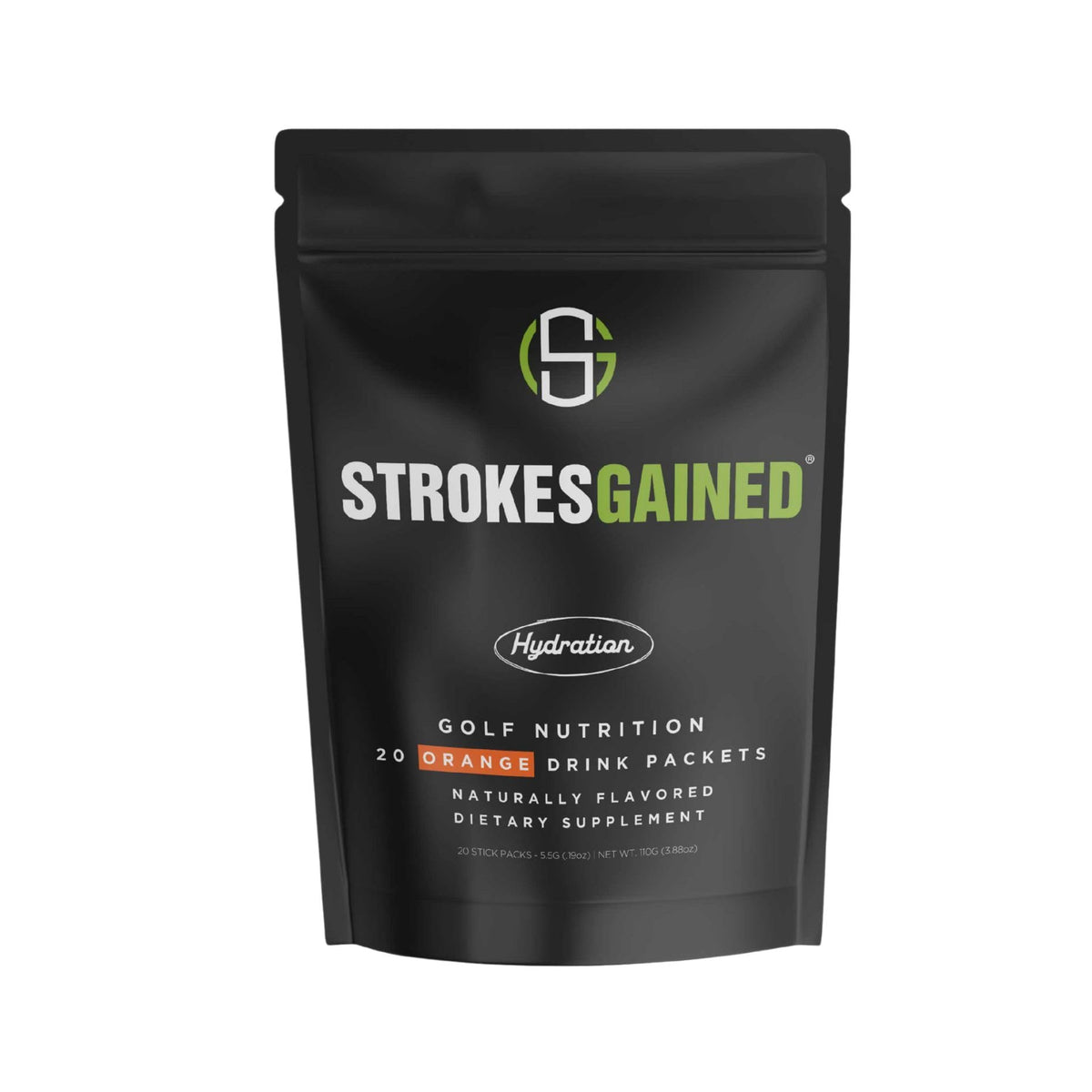 Strokes Gained Hydration orange stick pack pour for on-course hydration during golf rounds.