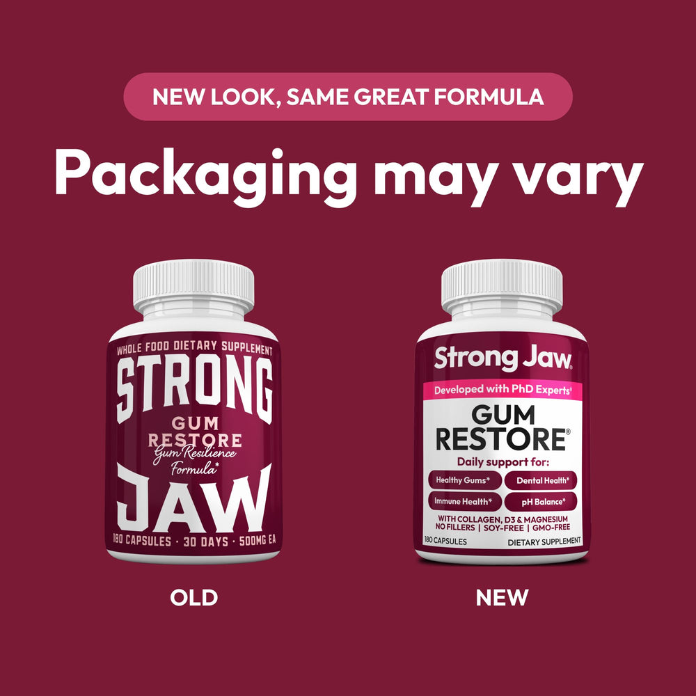 Strong Jaw Gum Restore bottle front view shows convenient 180 capsules for daily gum care.