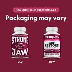 Strong Jaw Gum Restore bottle front view shows convenient 180 capsules for daily gum care.