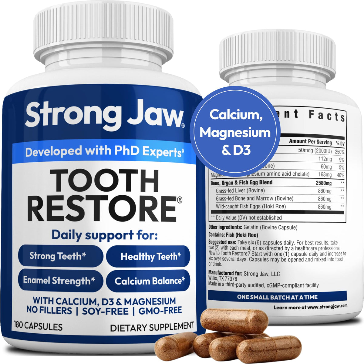 Strong Jaw Tooth Restore bottle shown, supports enamel health and gum care.