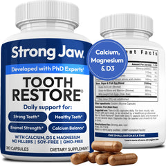 Strong Jaw Tooth Restore bottle shown, supports enamel health and gum care.