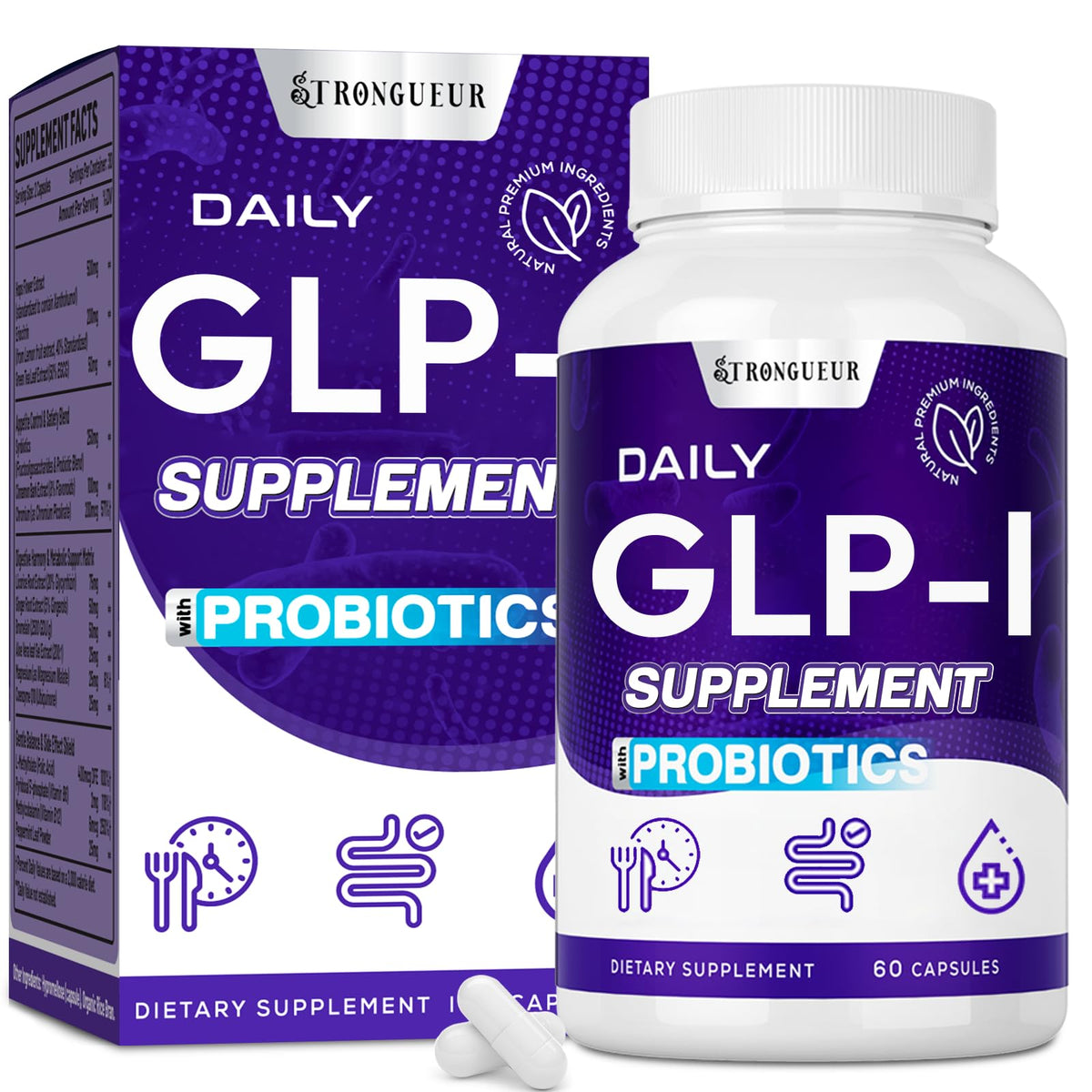 Strongueur GLP-l bottle with vegan capsules suggesting gentle digestion support
