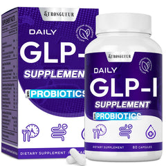 Strongueur GLP-l bottle with vegan capsules suggesting gentle digestion support