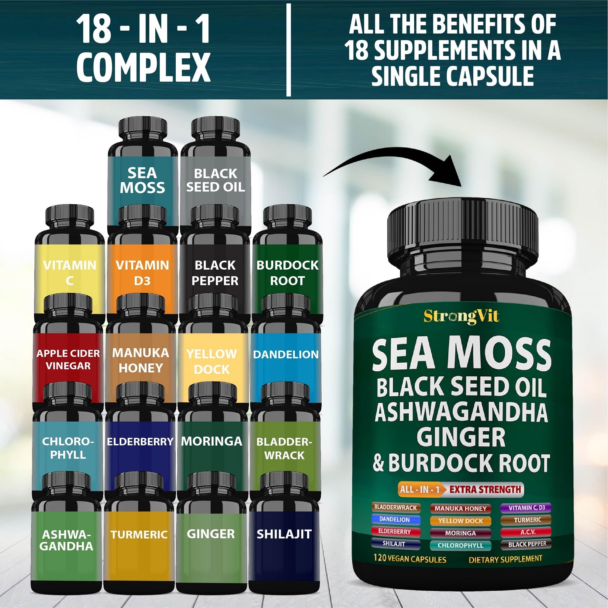 StrongVit Ashwagandha Ginger capsules with label visible, suggesting stress relief and energy support