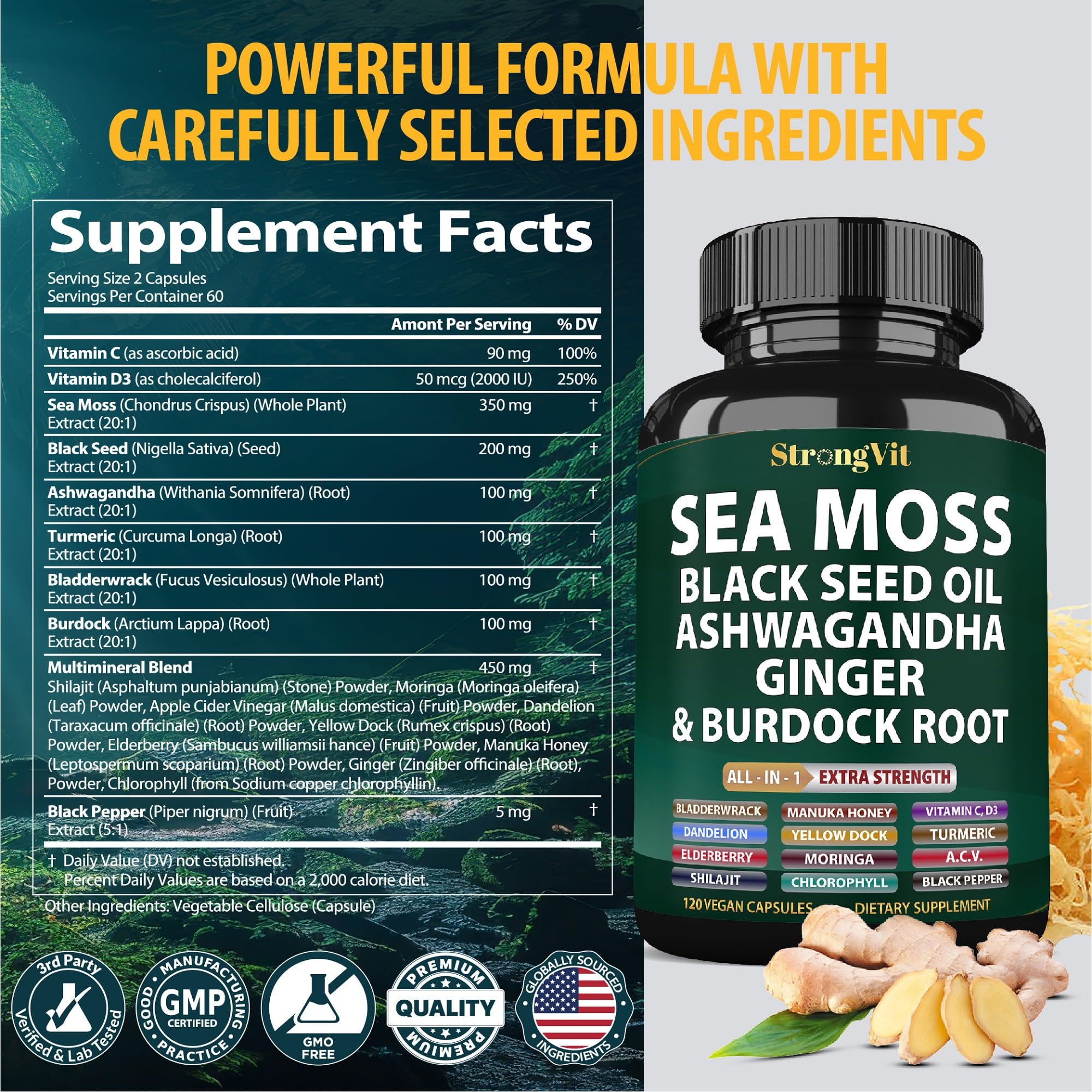 StrongVit Black Seed Oil capsules on glass, highlighting potent antioxidant properties