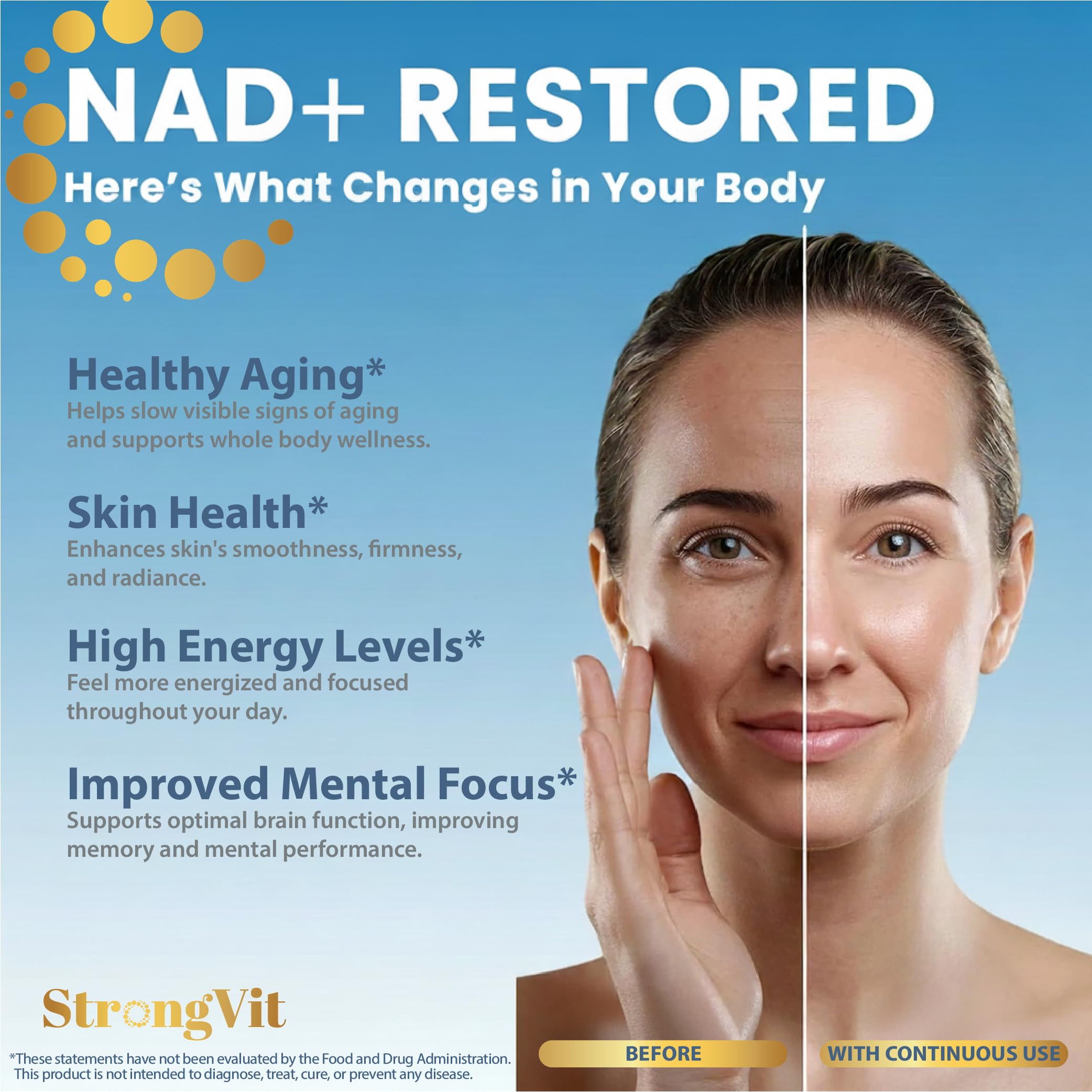 StrongVit CoQ10 NAC Hyaluronic acid D-ribose capsule close-up shows broad wellness support.