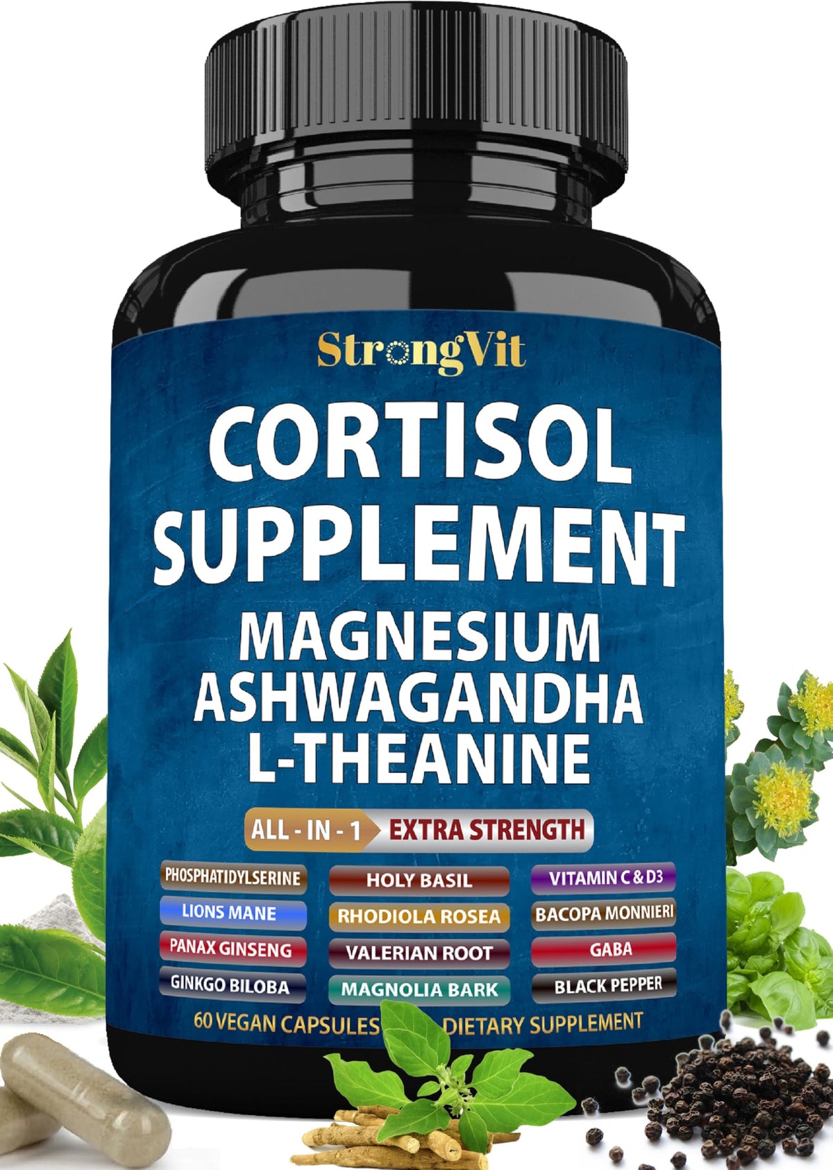 StrongVit cortisol supplement bottle on desk supporting everyday stress management.